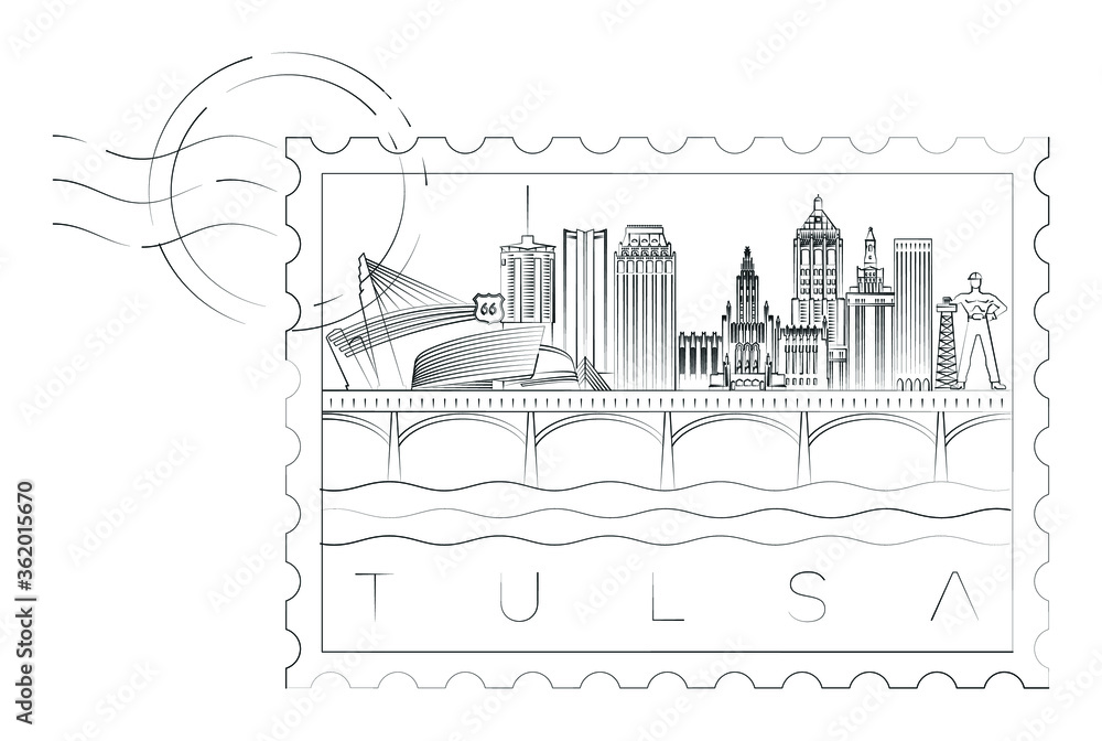Tulsa stamp minimal linear vector illustration and typography design, Oklahoma