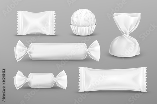 White polyethylene package for candies, chocolate, lollipops, truffle, food snacks and pouch sweets production. Vector mockup set of candy wrappers for brand ad design isolated on grey background.