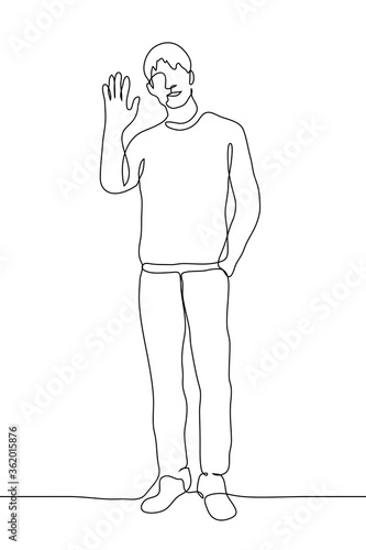 young man stands at full height and waves his hand to the audience. Vector illustration of a greeting / goodbye one continuous line black outline drawing on a white background