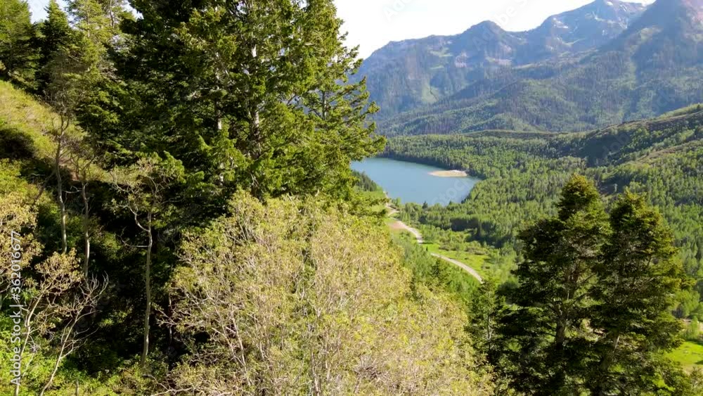 Flying through the trees to reveal a tranquil, scenic, blue lake in the forested Rocky Mountain landscape Flying through the trees to reveal a tranquil, scenic, blue lake in the forested Rocky Mountain landscape