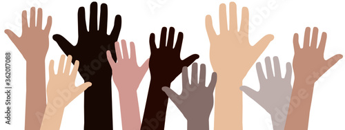 Raised up hands of different skin color vector illustration. Teamwork, collaboration, voting, volunteering concert. Diversity of human hands raised.
