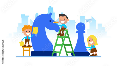 Business people develop strategy. Vector concept illustration of chess.
