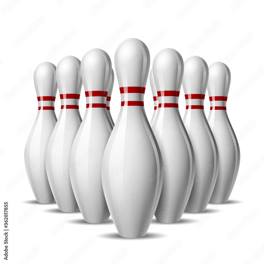 Group of ten bowling pins. Skittles with red stripes for Sport competition or Activity and fun game. Group of ten bowling pins. Skittles with red stripes for Sport competition or Activity and fun game.