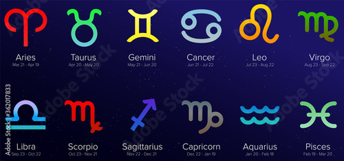Zodiac signs colorful set isolated on dark starry night sky. Astrological calendar collection, horoscope constellation vector illustration.