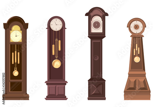 Set of grandfather clocks. Beautiful vintage objects in cartoon style.