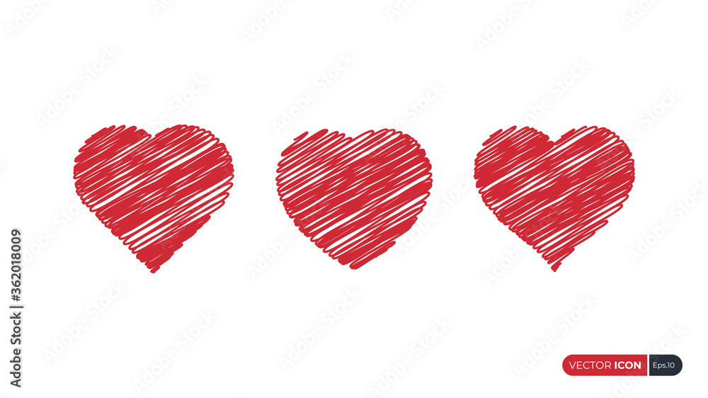 Set of Heart Icons. Red Hearts Hand Drawn Sketch with Scribble Style isolated on White Background. Flat Vector Icon Design Template Element. Set of Heart Icons. Red Hearts Hand Drawn Sketch with Scribble Style isolated on White Background. Flat Vector Icon Design Template Element.