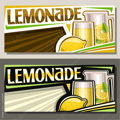 Vector banners Lemonade with copyspace, horizontal layouts with illustration of whole fruit and lemon drink with mint leaves in pitcher, unique brush lettering for word lemonade on striped background.