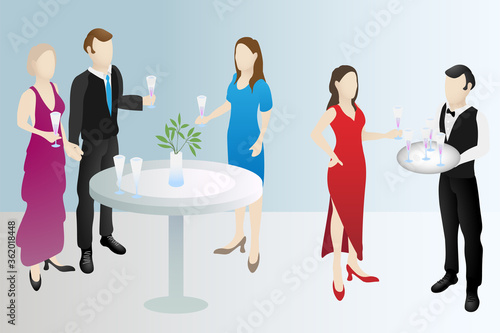 Isometric elegant party people. Fine dressed males and females holding drinks and chatting, socialising by the table. Vector illustration.