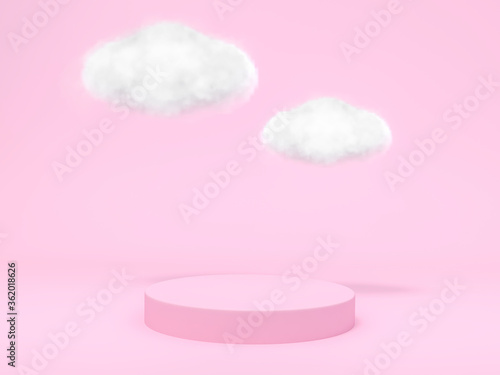Cloud with podium display stand on pastel pink background 3d rendering. 3d illustration Rainy season minimal concept.