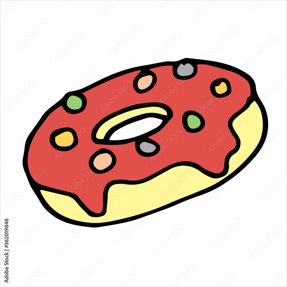 vector illustration in doodle style, cartoon. a donut. Cute donut icon with pink icing and topping. Isolated on white background. clipart sweet dessert
vector illustration in doodle style, cartoon. a donut. Cute donut icon with pink icing and topping. Isolated on white background. clipart sweet dessert