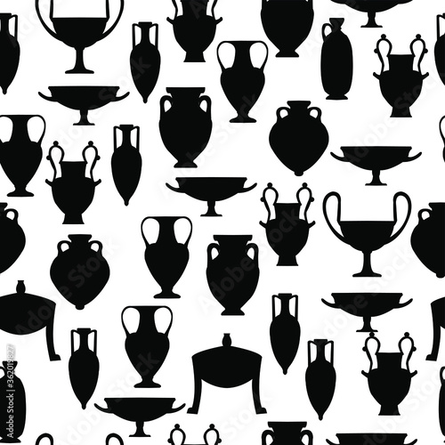 Black silhouettes of ancient pottery on white background