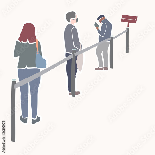Social distancing people in a queue behind barrier concept. Group shopper with face mask waiting in line. Preventative clip art symbol with copy space. 
