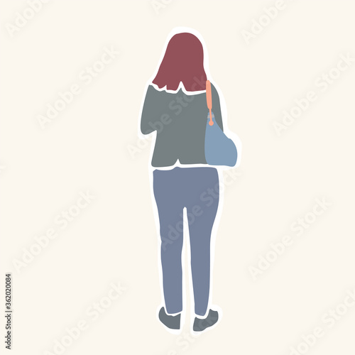 Social distancing female person in a queue concept. Shopper with bag waiting in line. Preventative clip art symbol with copy space. 