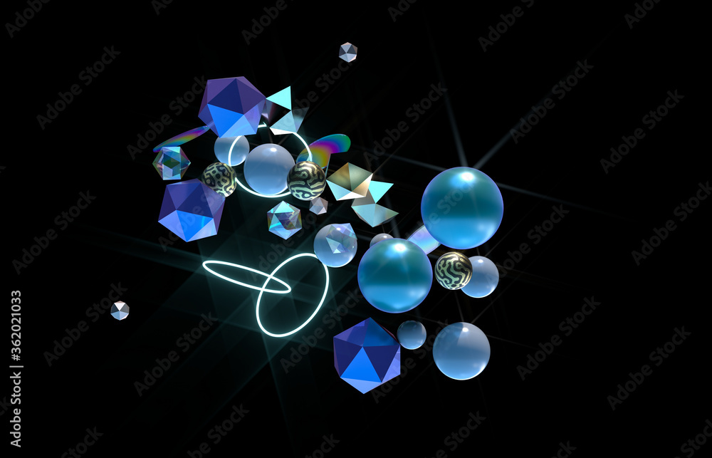 Fototapeta Abstract 3d art background with geometric shape floating on black background.