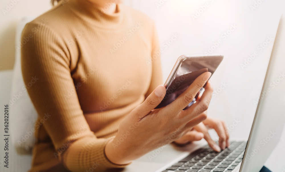 Naklejka premium Searching Browsing Internet Data Information with blank search bar.businessman working with smart phone, tablet and laptop computer on desk in office. Networking Concept