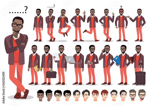 African american businessman cartoon character set. Handsome business man in smart suit . Vector illustration