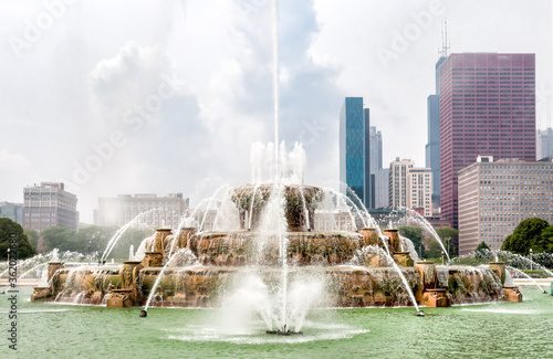 Buckingham Memorial Fountain in the center of Grant Park in Chicago downtown, Illinois, USA 