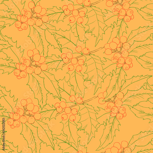 Vector seamless pattern with outlined holly branches. Can be used for wallpaper, pattern fills, surface textures, fabric prints.