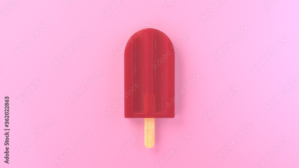 Close-up realistic art of red, fruit, juicy, sweet, fresh popsicle on wooden stick on red, pink pastel background. Isolated clip art element for design. Stock 3d rendering Close-up realistic art of red, fruit, juicy, sweet, fresh popsicle on wooden stick on red, pink pastel background. Isolated clip art element for design. Stock 3d rendering