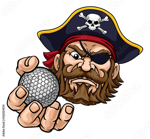 A pirate golf sports mascot cartoon character holding a ball