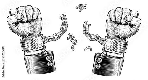 Hands in business suit breaking chains or shackle handcuffs in a vintage woodcut revolution propaganda poster style. Concept for freedom.