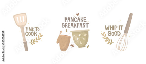 A set of stickers. Handwritten lettering. Three inscriptions "time to cook", "pancakes breakfast", "whisk it good." Vintage cooking utensils. Bowl, whisk, shoulder blade, tack. Vector illustration.