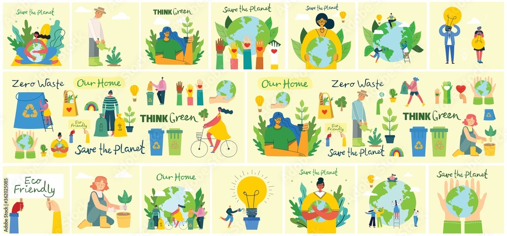 Set of eco save environment pictures. People taking care of planet collage. Zero waste, think green, save the planet, our home hand written text in flat design Set of eco save environment pictures. People taking care of planet collage. Zero waste, think green, save the planet, our home hand written text in flat design