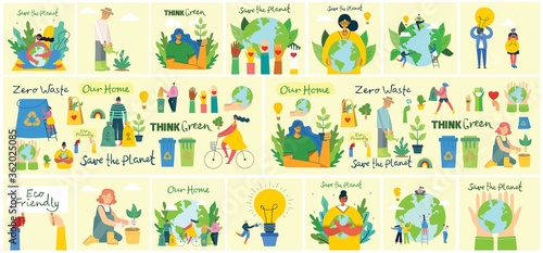 Set of eco save environment pictures. People taking care of planet collage. Zero waste, think green, save the planet, our home hand written text in flat design
