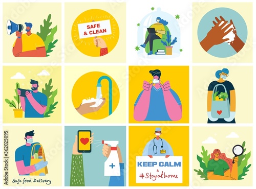 Set of posters with hands washed clean. Meal protected from virus. Healthcare purpose set of illustration. Vector illustration in modern flat style. Corona virus protection concept.