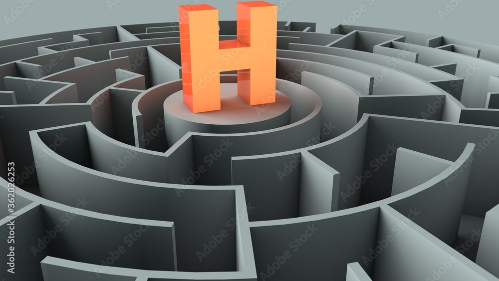 3D illustration of letter H in a center of a maze 3D illustration of letter H in a center of a maze