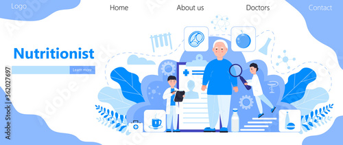 Nutritionist concept vector for homepage. Obesity problems of senior. Doctors prescribe a diet, a healthy menu. Keto diet for overweight patient. Fat man is ill.