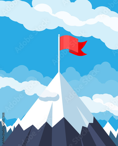 Flag on peak of mountain. Business success, target, triumph, goal or achievement. Winning of competition. Rocky mountains, sky with stars and clouds in night. Vector illustration in flat style.
