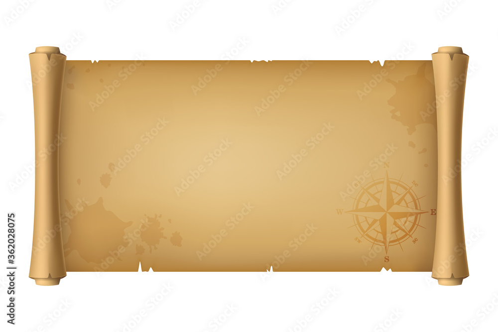 3D realistic vector Illustration. Old pirate antique scroll, treasure