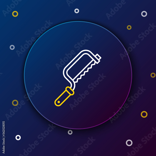Line Hacksaw icon isolated on blue background. Metal saw for wood and metal. Colorful outline concept. Vector.