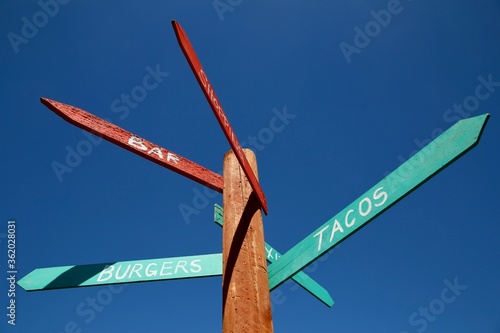 Decorative Direction Waypost Food Sign at Smorgasbourg in Downtown Los Angeles photo