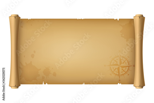 3D realistic vector Illustration. Old pirate antique scroll, treasure map with a rose of winds, Isolated on White Background.