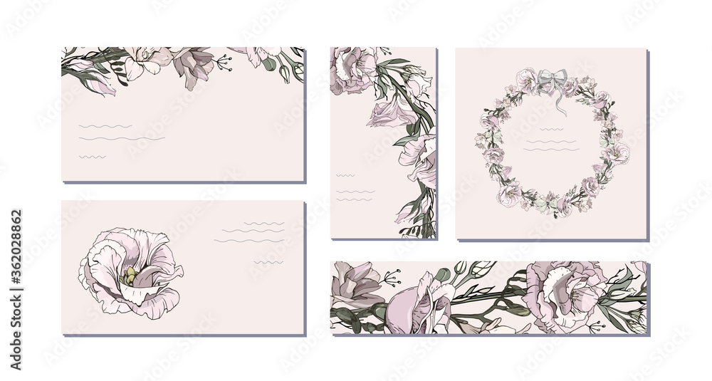 Vector templates with elegant bunches of  Eustoma, Floral wreath. Hand drawn illustration for romantic wedding design, announcements, greeting cards, posters, advertisements, flyers, printing.