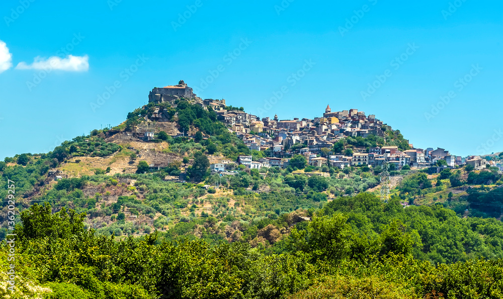 A close up view of the hilltop settlement of Castiglione di Sicilia in the foot hills of Mount Etna, Sicily in summer