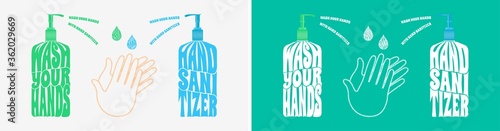 Wash your hands with hand sanitizer, text warp poster vector illustration concept, isolated on white and turquoise background.