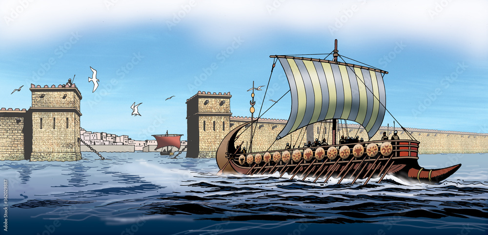 Illustrazione Stock Ancient Greece - Phoenician ship leaves the city of  Carthage | Adobe Stock
