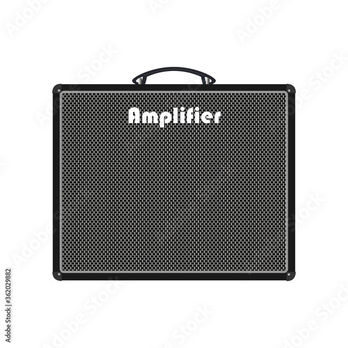 Isolated boutique black modern electric guitar amplifier, equipment for musician flat logo or icon style, print for tee-shirt and graphic design, Musical sales business. vector and illustration.