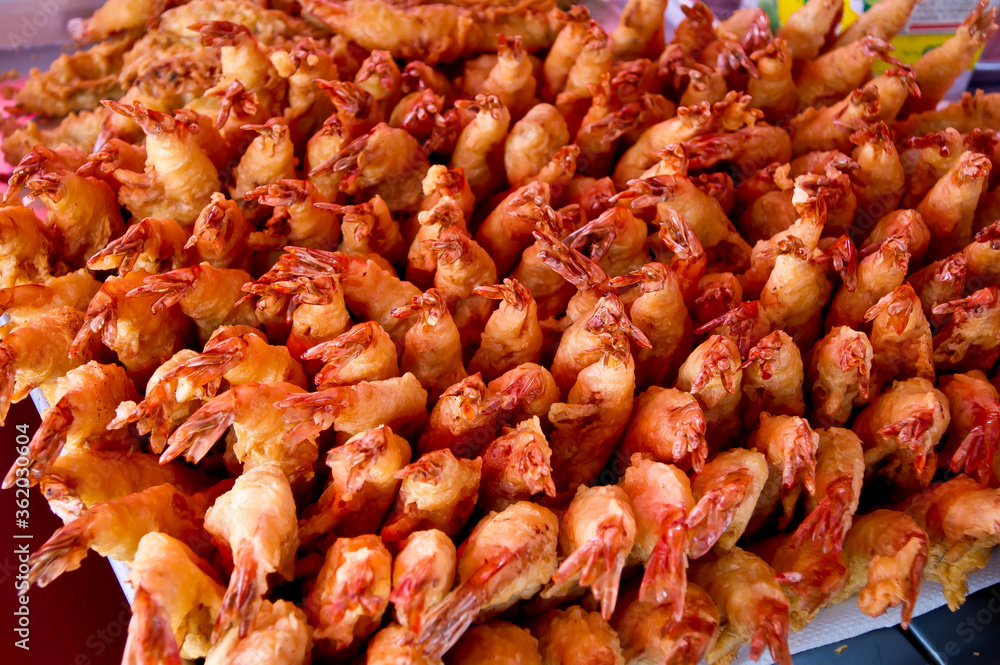 arranged fried shirimp showing tails arranged fried shirimp showing tails