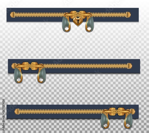 Three zippers for clothes, in two fasteners, closed. Gold color isolated on a transparent background. Vector illustration.