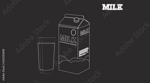Vector Black and White Isolated Illustration of a Milk Box and a Glass of Milk 
