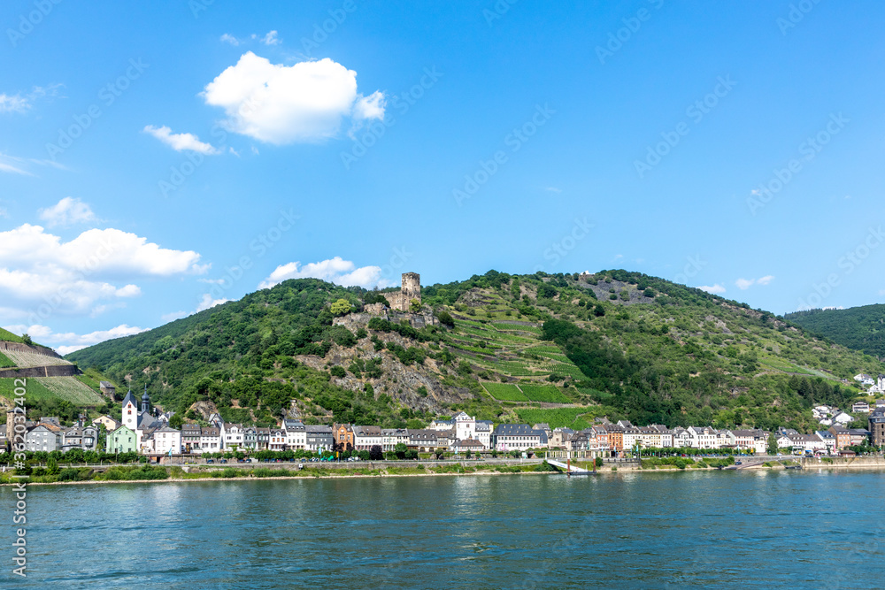 scenic view to middle rRhine Valley with village of Kaub and the fortress Gutenfels
