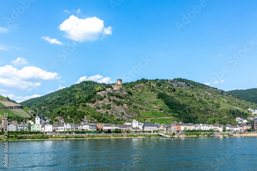 scenic view to middle rRhine Valley with village of Kaub and the fortress Gutenfels