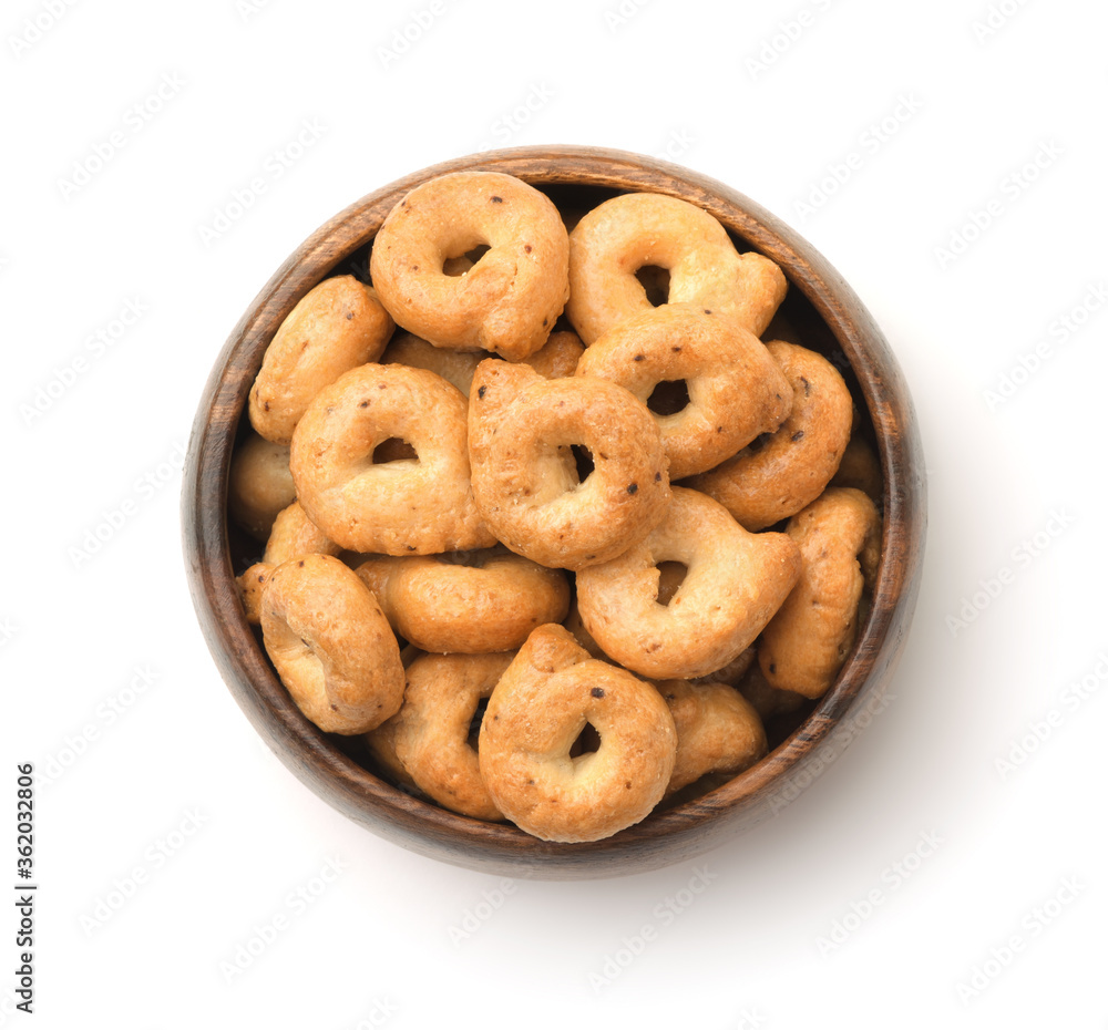 Top view of traditional italian taralli in wooden bowl Top view of traditional italian taralli in wooden bowl