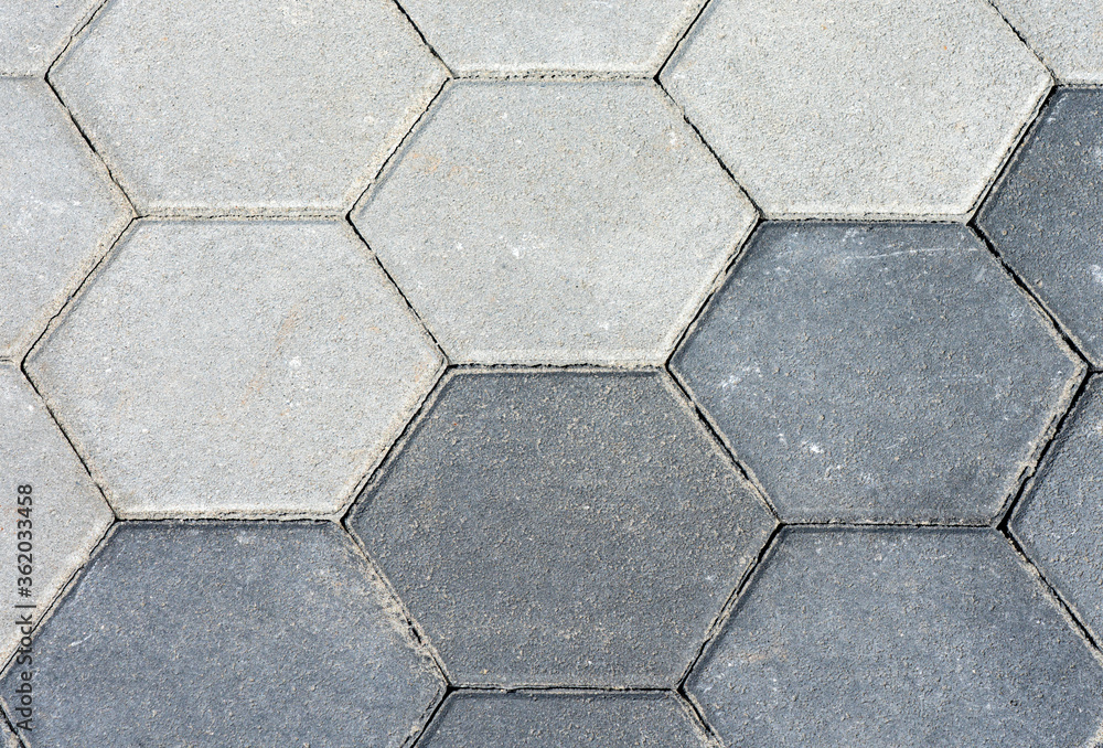 Pavement with two diffent gray hexagon pattern. Cement sidewalk with texture. Background, texture. Pavement with two diffent gray hexagon pattern. Cement sidewalk with texture. Background, texture.