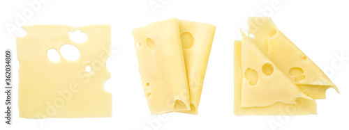 Set of cheese slices on a white background, isolated. The view from top