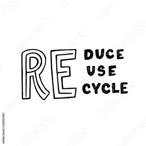 Hand drawn lettering composition with three RE. Typographic zero waste message Reduce Reuse Recycle calling for ecology mindset. Unique font slogan for print, poster, web site, blog, cover, apparel